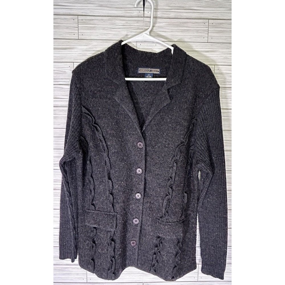 Herman Geist Sweater Womens Sz Med Gray 100% Wool Button Up Long Sleeve Collared